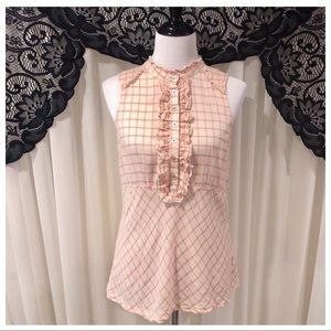 Anthropologie Odille Pink Plaid Ruffle Blouse SZ 8